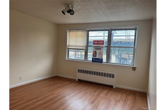 Spare room featuring radiator heating unit, light wood-style floors, and a textured ceiling