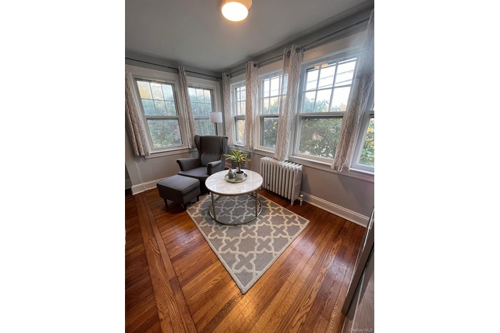 Living area with radiator, dark wood-style flooring, and plenty of natural light