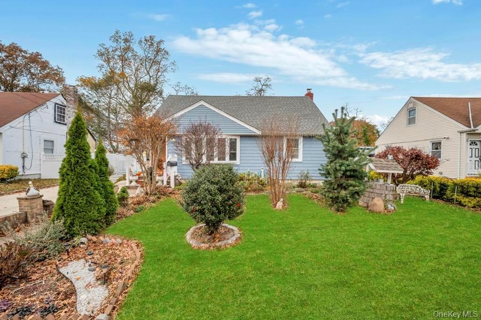 View of front of house with a front yard and a chimney