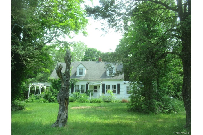 Cape cod house with a chimney, a front lawn, and a porch