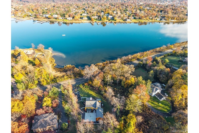 Aerial view of a nearby body of water