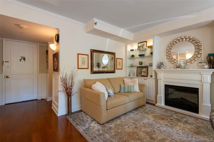 Living room featuring a glass covered fireplace, ornamental molding, dark wood-type flooring, and built in shelves