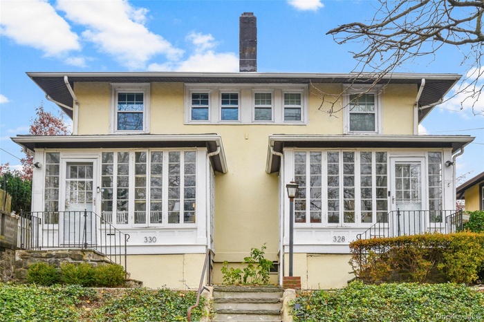 Rear view of property featuring stucco siding and a chimney
