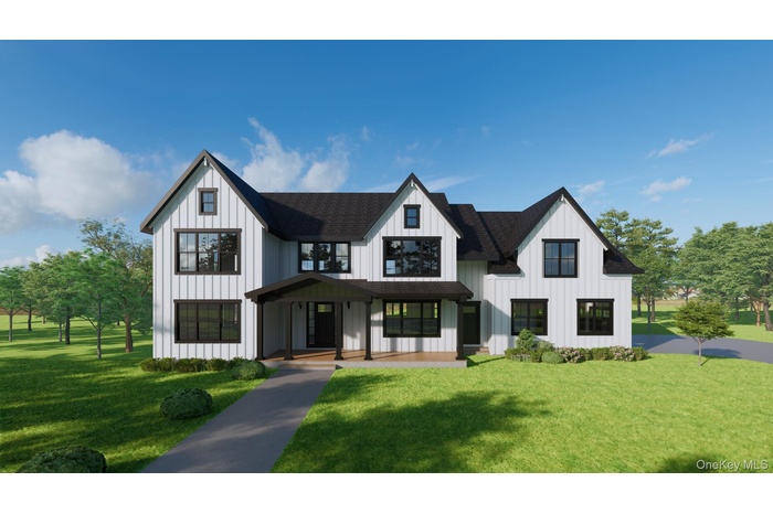 Modern farmhouse style home featuring roof with shingles, board and batten siding, a front yard, and covered porch