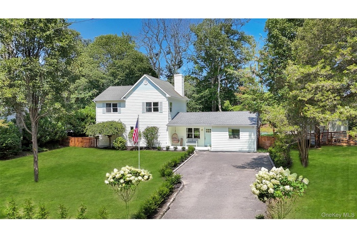Traditional home with driveway, a chimney, and roof with shingles