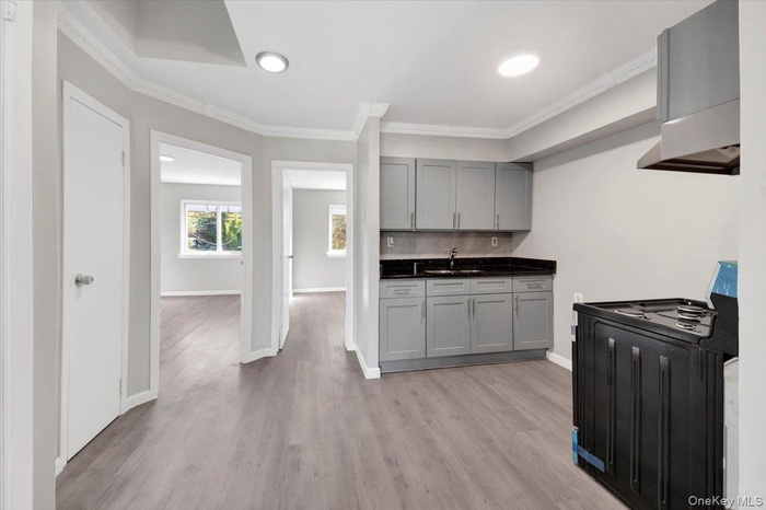 Kitchen featuring gray cabinets, black electric range oven, crown molding, light wood-style floors, and recessed lighting