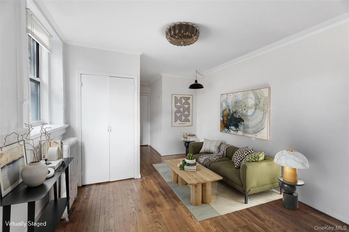 Living room featuring ornamental molding, dark wood-style floors, and radiator