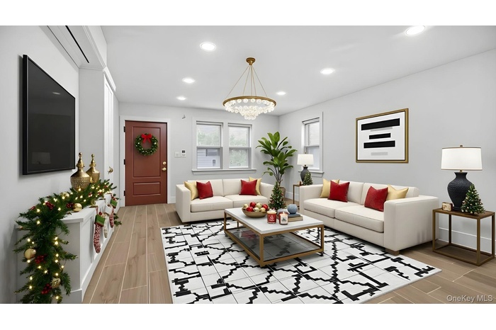 Living area featuring wood tiled floors, a chandelier, and recessed lighting