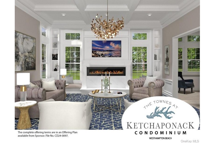 Living room with crown molding, built in shelves, coffered ceiling, a warm lit fireplace, and beamed ceiling