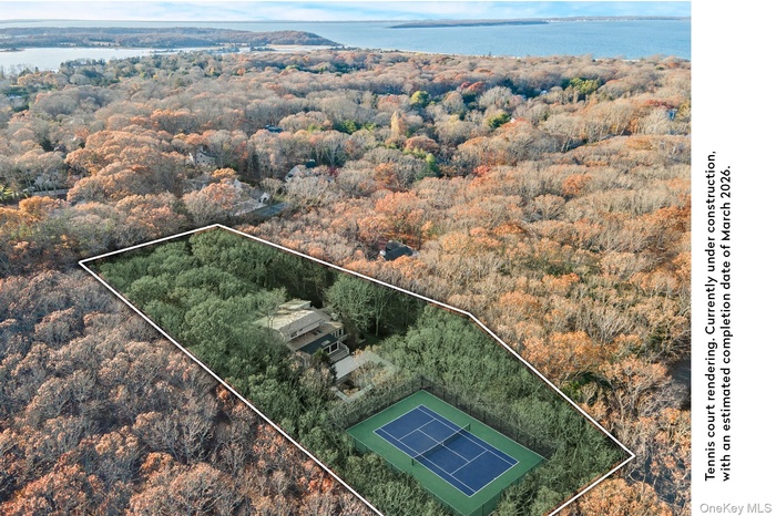 Aerial view of property and surrounding area with property boundaries highlighted and a forest