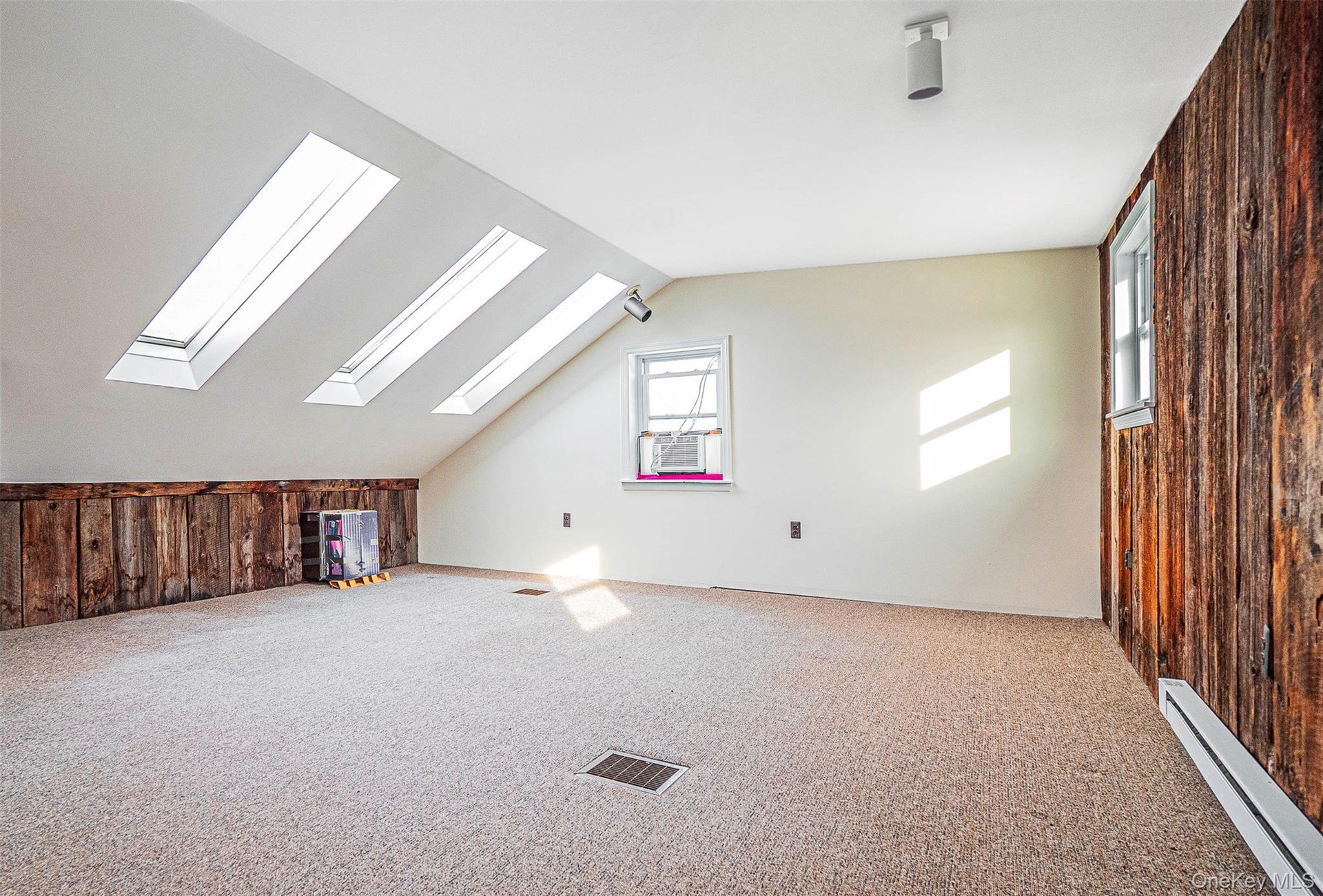 Bonus room with wooden walls, baseboard heating, lofted ceiling, carpet flooring, and a skylight