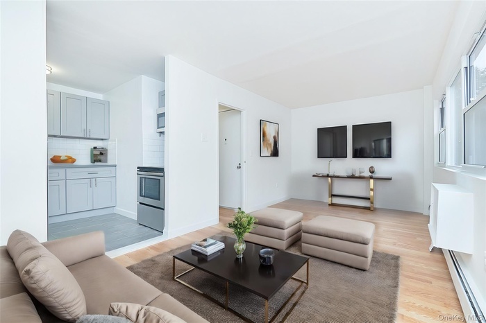 Living area with a baseboard radiator and light wood-style floors