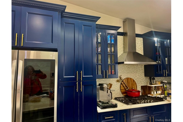 Kitchen with blue cabinetry, stainless steel appliances, wall chimney exhaust hood, decorative backsplash, and glass insert cabinets