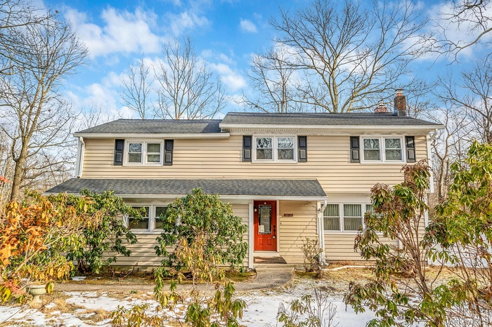 Traditional-style home featuring a chimney and roof with shingles