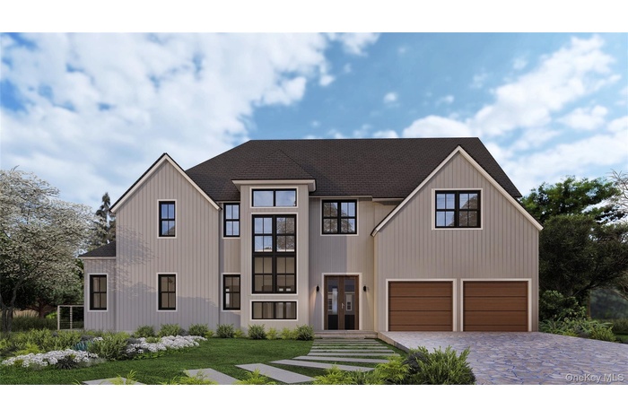 Modern farmhouse style home featuring a shingled roof, decorative driveway, a front lawn, and a garage (FOR MARKETING PURPOSES)