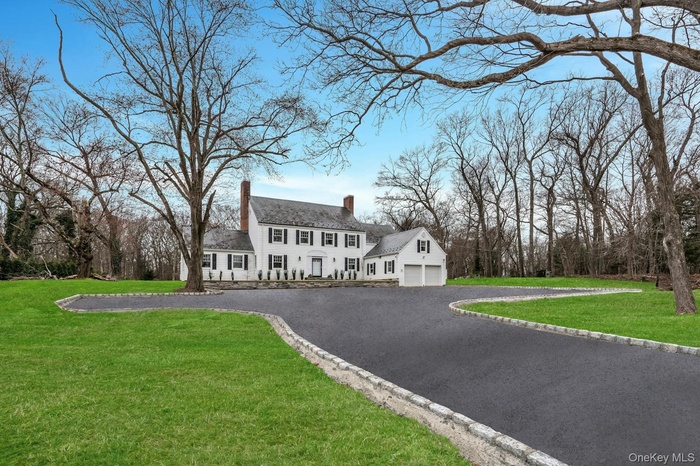 Colonial inspired home with driveway, a chimney, a front yard, and a garage