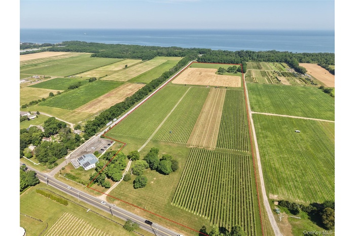 Overview of rural landscape featuring abundant farmland and a nearby body of water