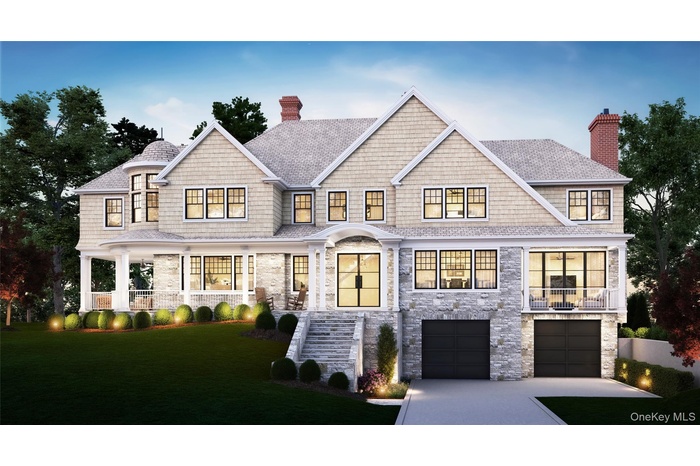View of front of home with a front lawn, a chimney, driveway, a garage, and stone siding
