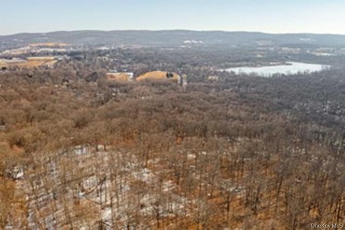 Aerial overview of property's location featuring a mountain backdrop