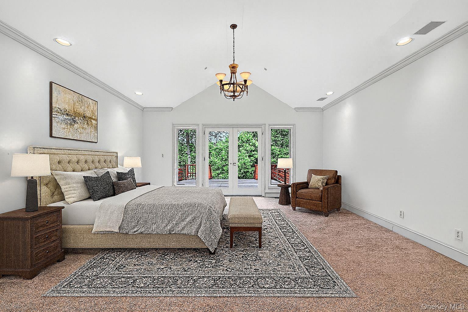 Virtually Staged Bedroom featuring vaulted ceiling, french doors, ornamental molding, access to outside, and recessed lighting