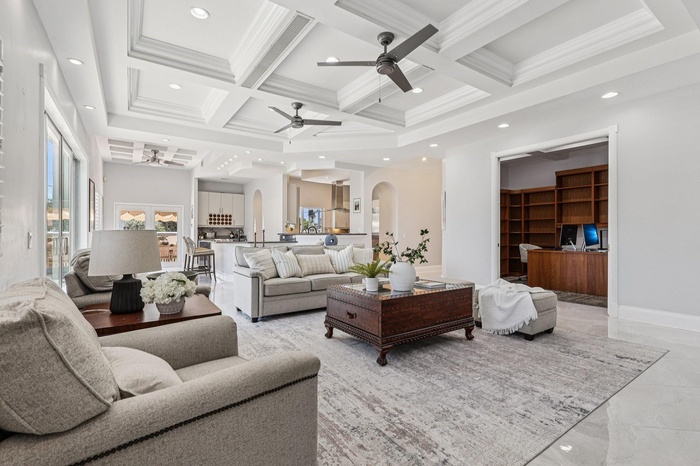 Large Family Room with beautiful ceiling detail