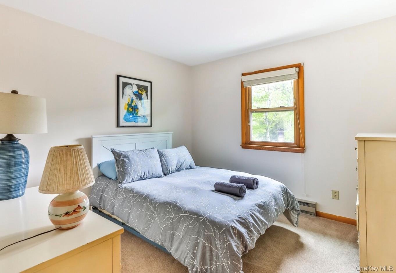 Bedroom featuring carpet and a baseboard heating unit
