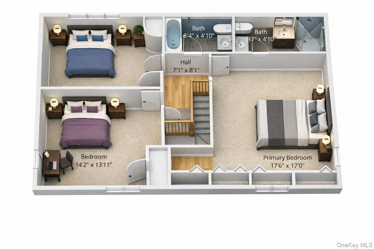 2nd FloorSpacious primary suite with walk in shower.2 additional bedrooms, hallway full bath