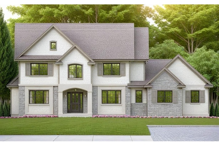 View of front facade featuring a shingled roof and a front lawn
