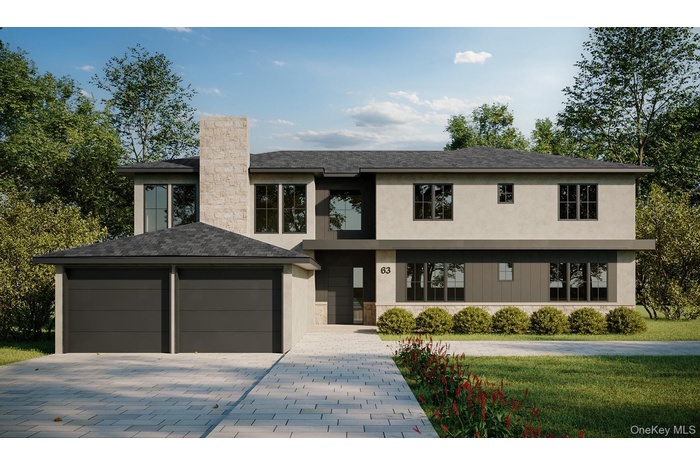 View of front facade featuring stucco siding, decorative driveway, a chimney, a front lawn, and a garage