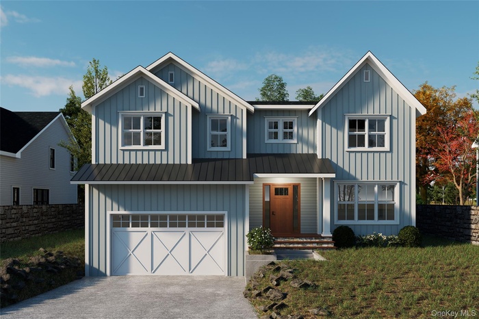 Modern farmhouse style home with board and batten siding, an attached garage, a standing seam roof, driveway, and a metal roof