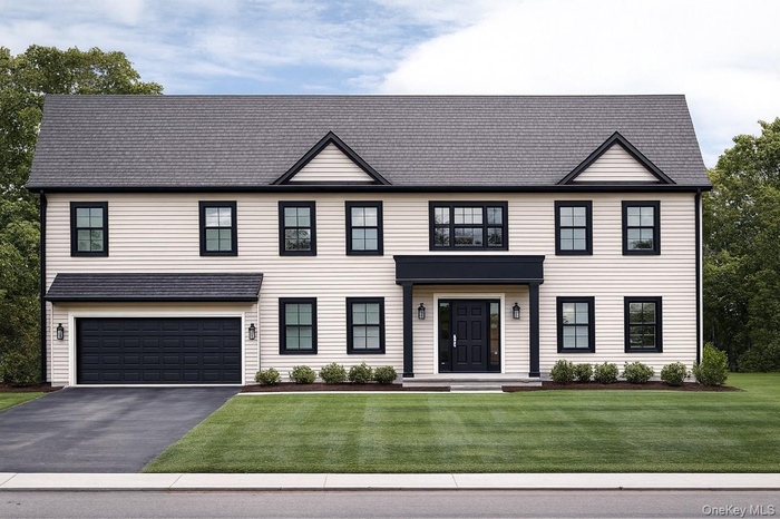 View of front of house featuring a front yard, asphalt driveway, and a two garage.  This rendering is AI generated.  Siding should be White.