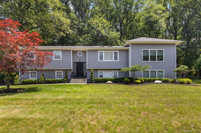 Raised ranch with a front yard and view of scattered trees