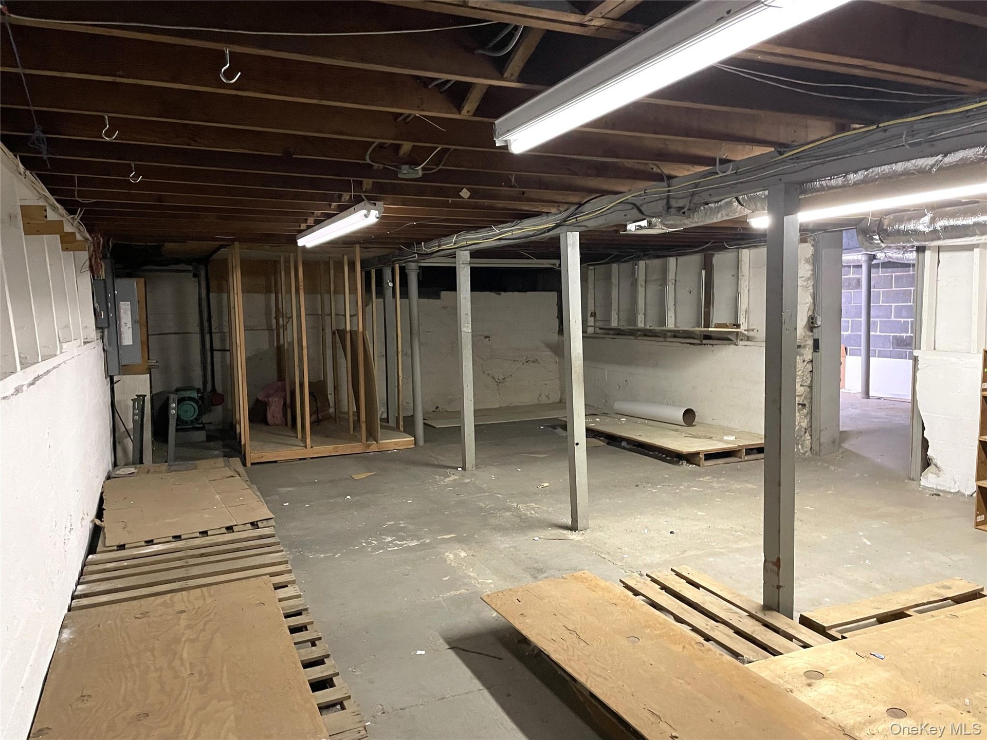 Unfinished basement featuring electric panel