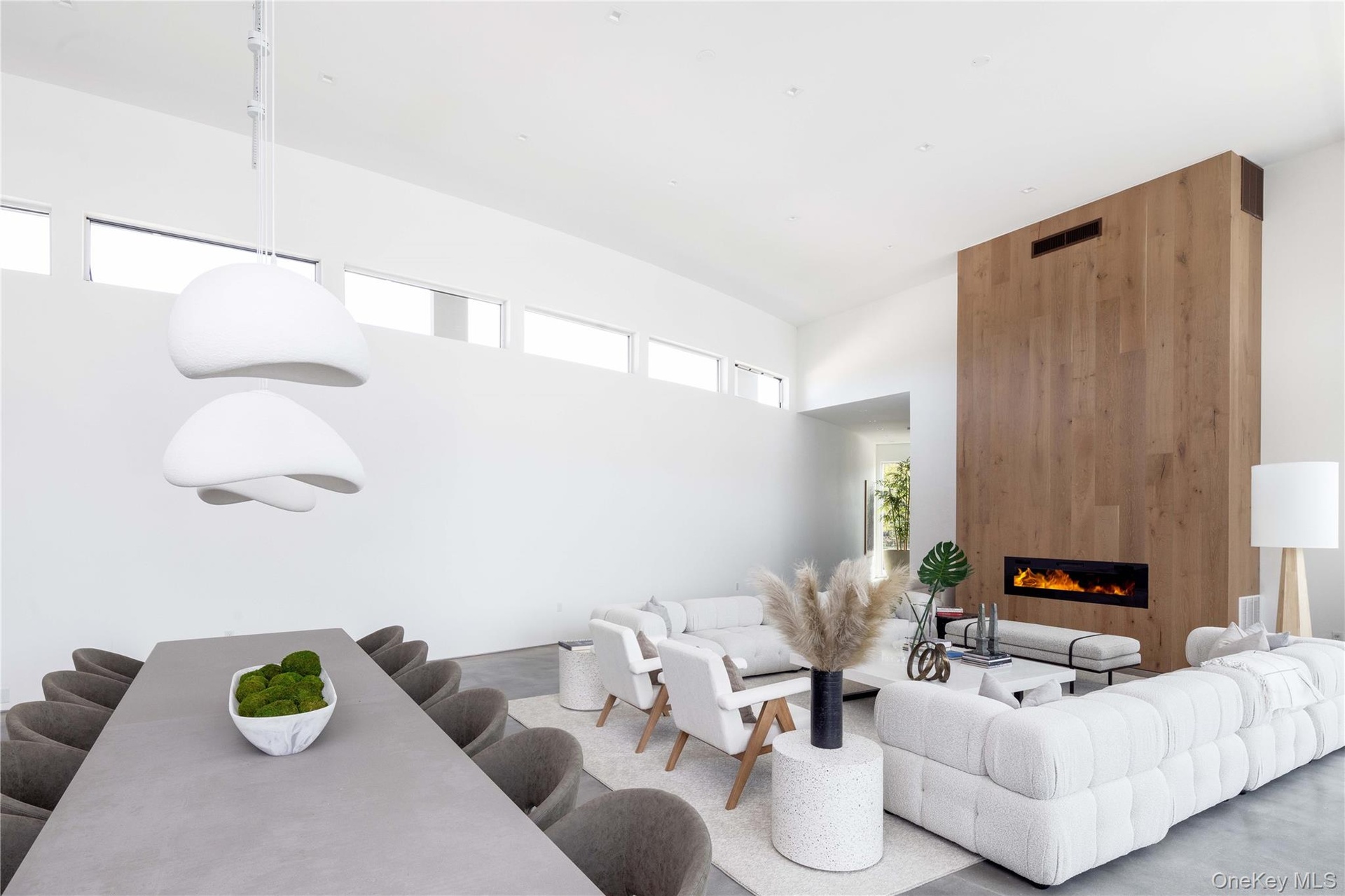 Living room featuring a fireplace, a high ceiling, and a healthy amount of sunlight