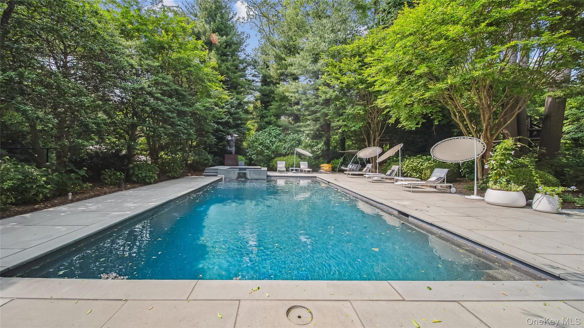 View of swimming pool featuring a patio area, a pool with connected hot tub, and view of scattered trees