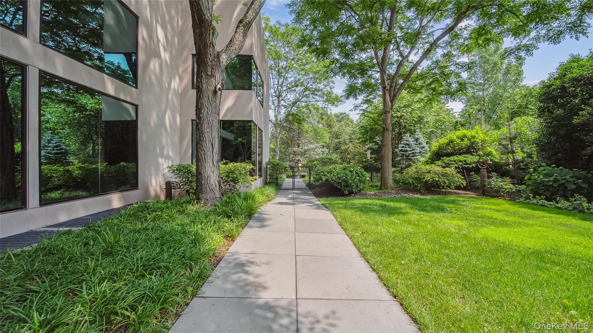 View of green lawn featuring view of scattered trees