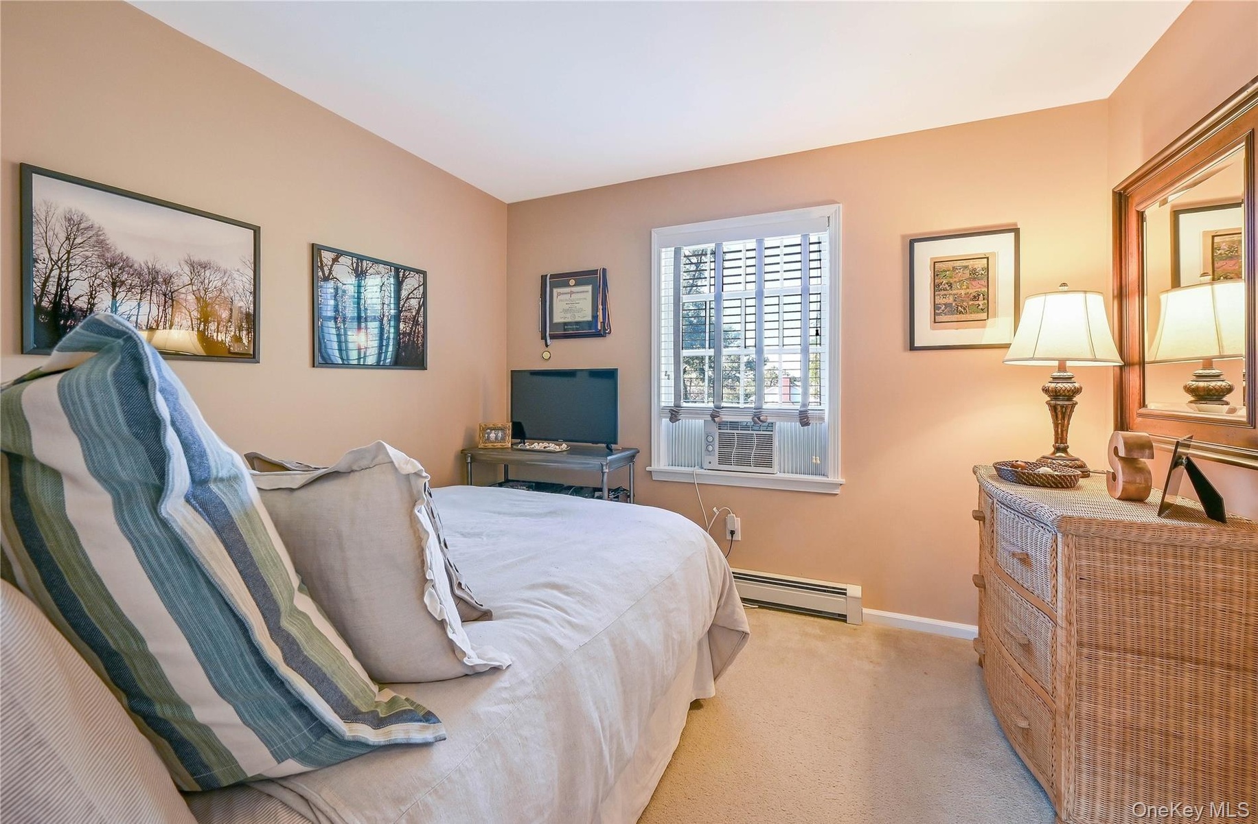 Carpeted bedroom featuring baseboards and a baseboard heating unit