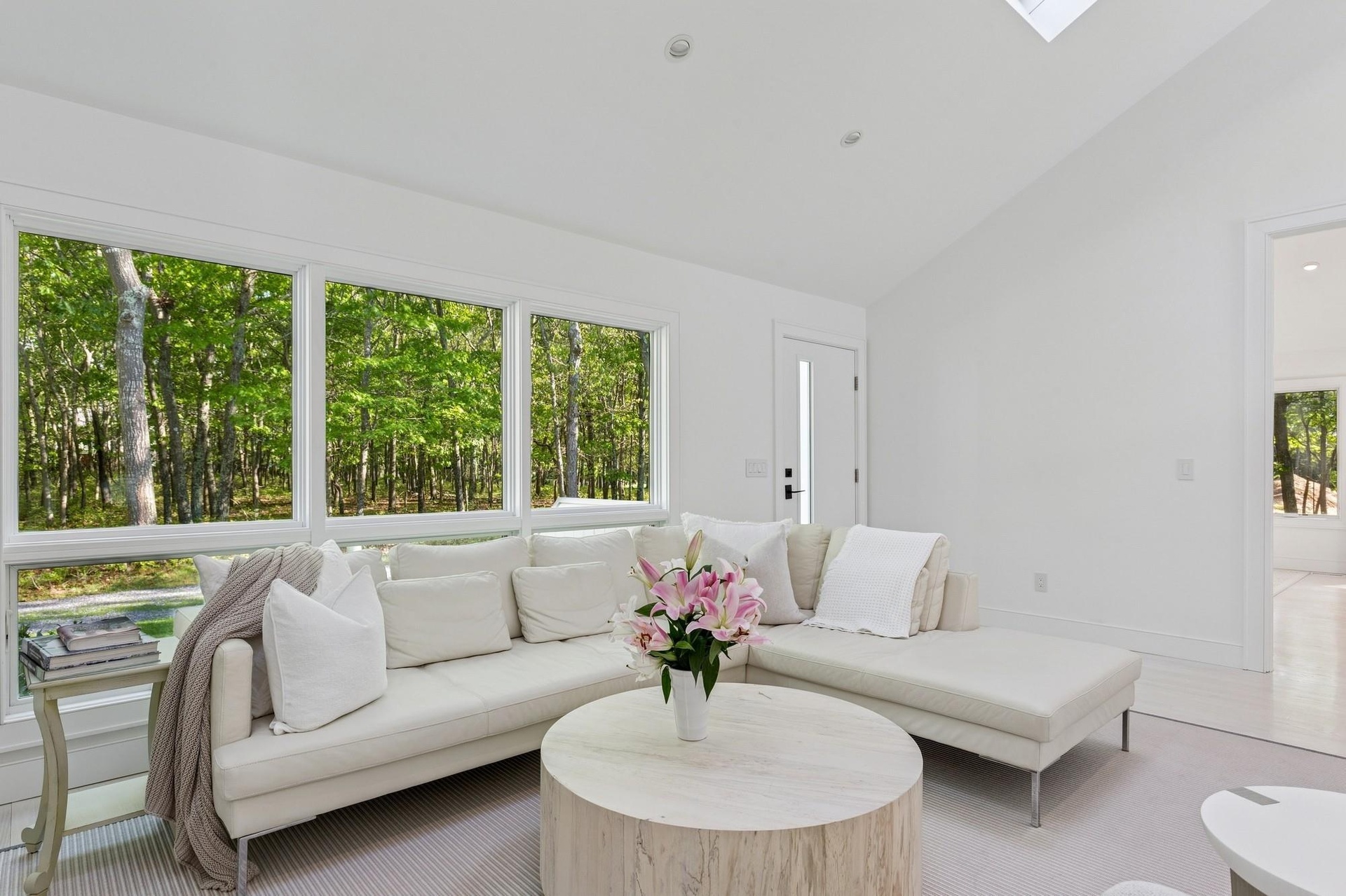 Living room featuring baseboards, light colored carpet, and high vaulted ceiling