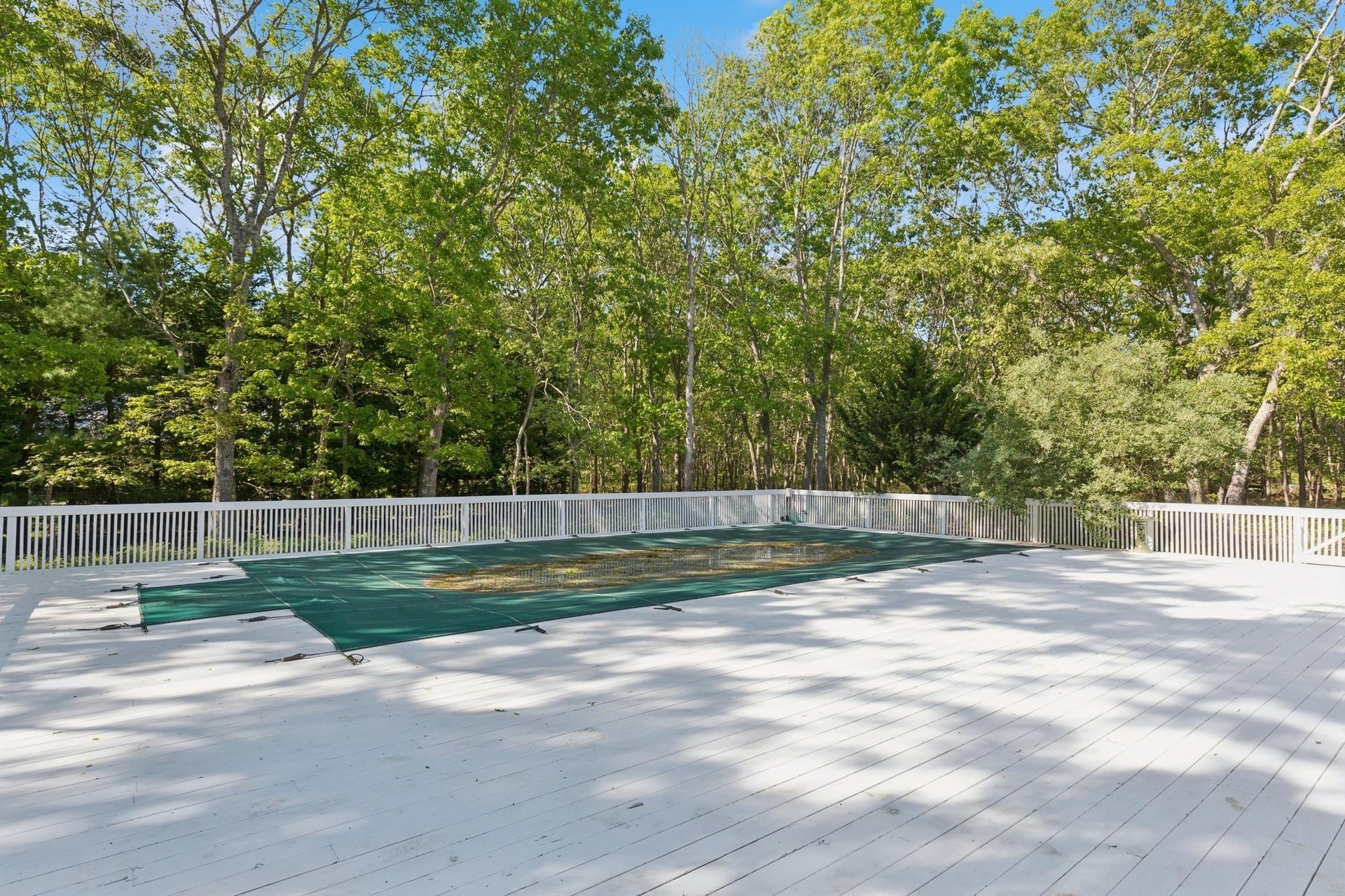 Wooden deck with view of wooded area