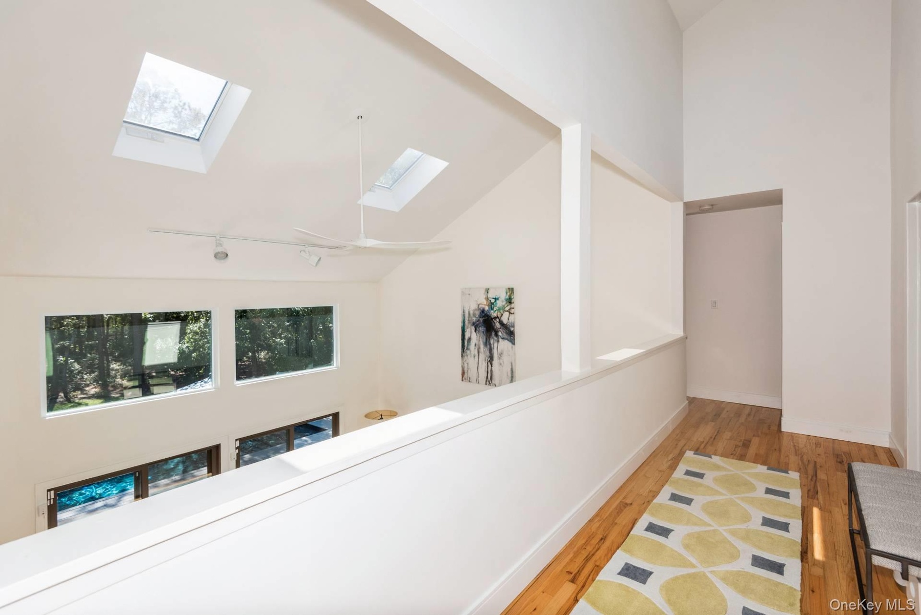 Hallway with a skylight, wood finished floors, high vaulted ceiling, and rail lighting