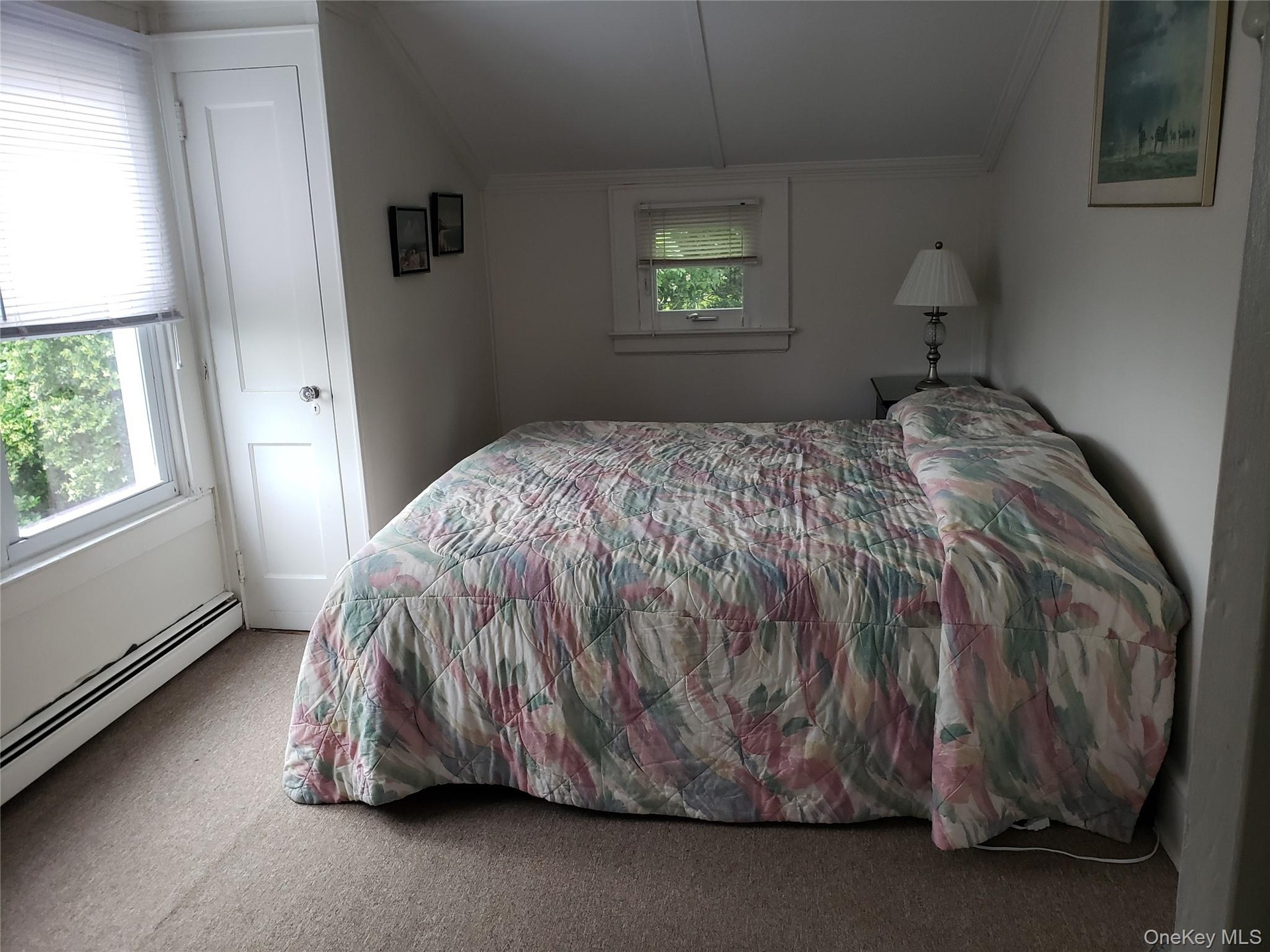 Bedroom with lofted ceiling, carpet floors, and ornamental molding