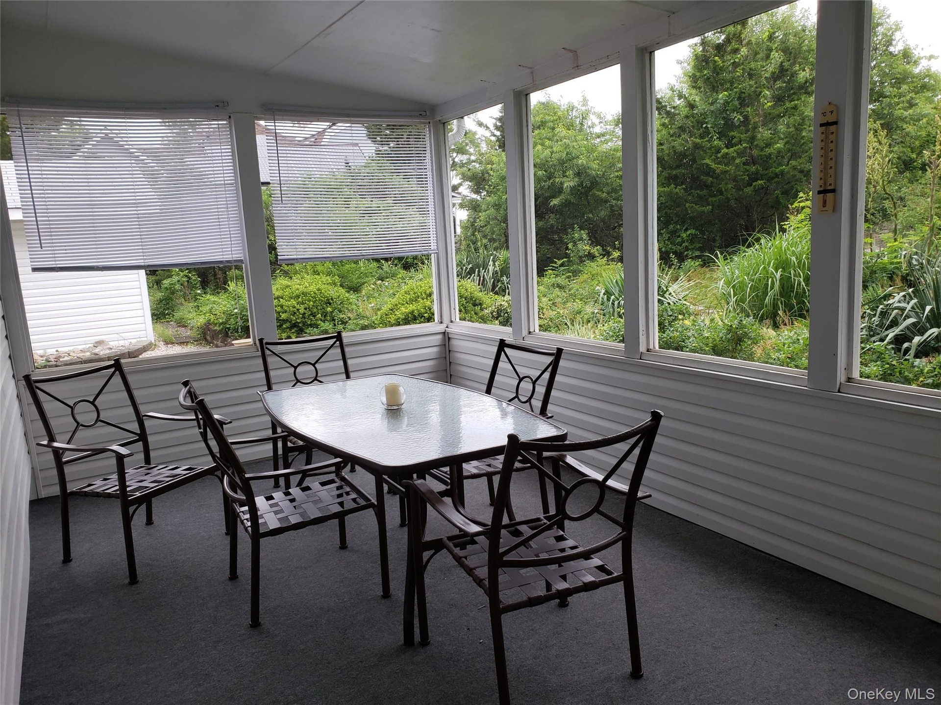 Sunroom with vaulted ceiling and carpet
