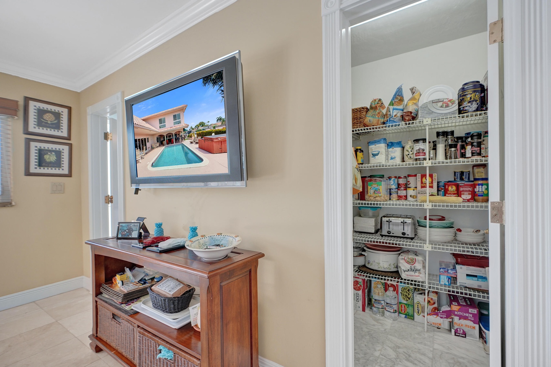 Walk in pantry with view of 4th bath (cabana) to left of frame