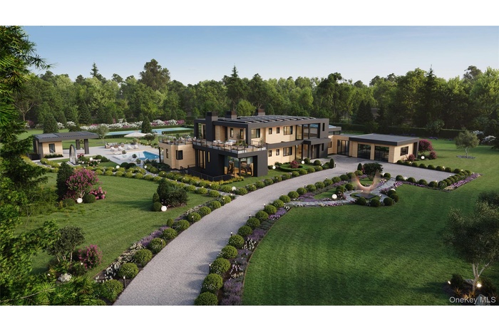 An expansive estate revealed from above, showcasing the home’s bold modern architecture, curated landscaping, and pool pavilion. The sweeping drive an