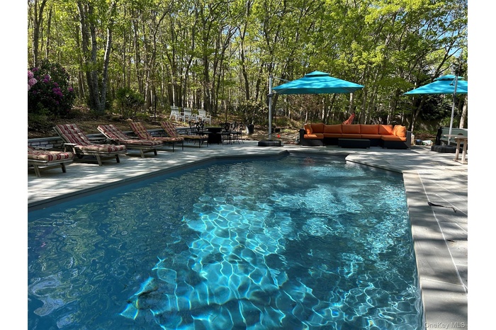Outdoor pool with a patio and outdoor furniture