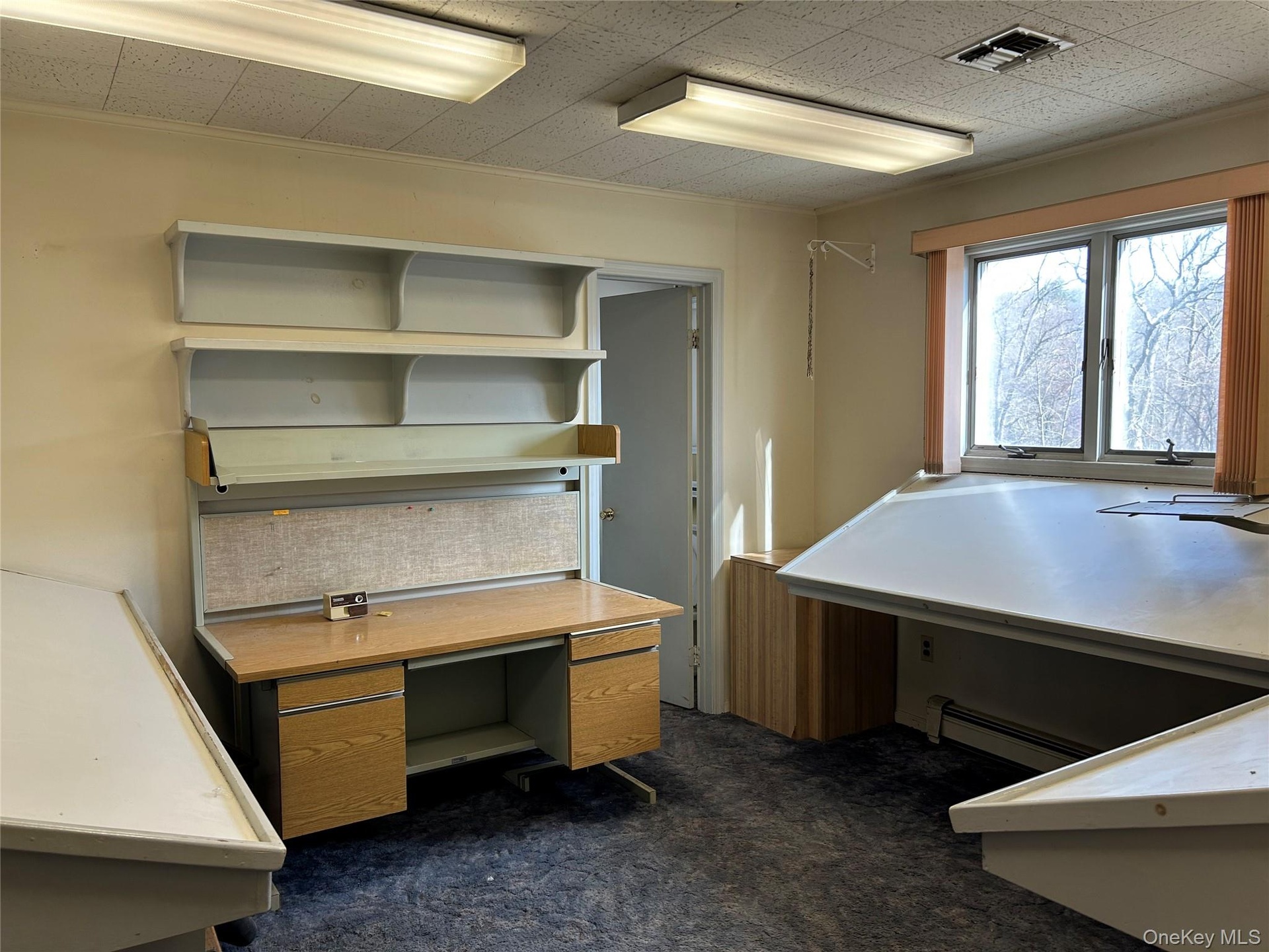 Unfurnished office featuring dark carpet and baseboard heating