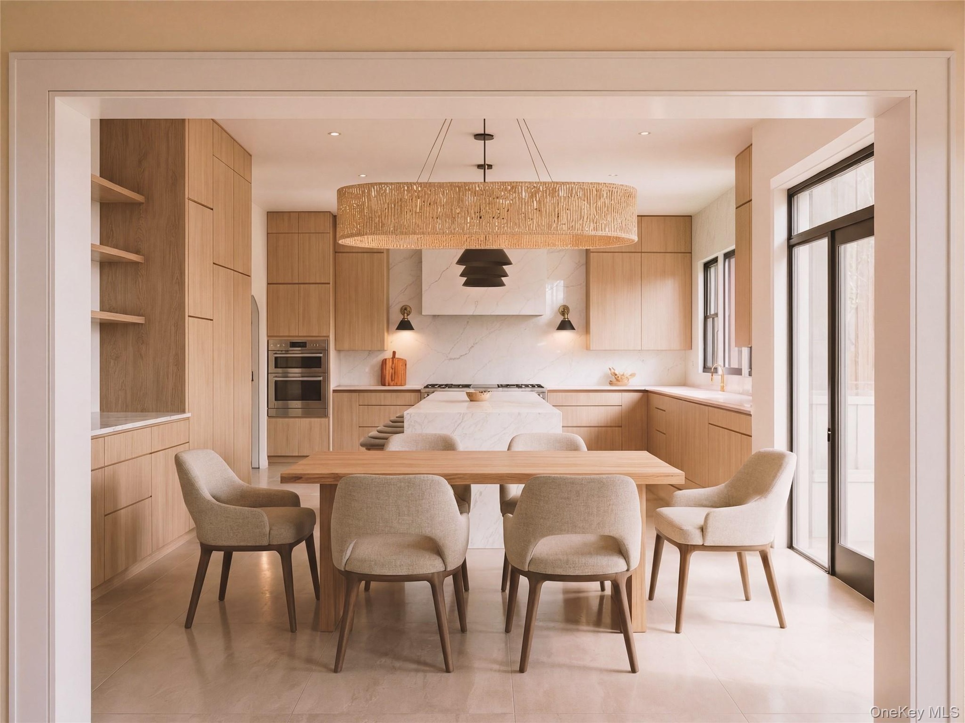Gourmet kitchen with custom cabinetry, quartz counters and chef’s appliances. Including Wolf range, Sub Zero refrigerator and Bosch dishwasher.
