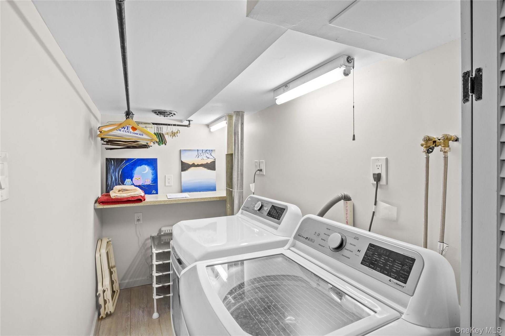 Dedicated laundry area featuring a washer and dryer, convenient shelving, and a hanging rack