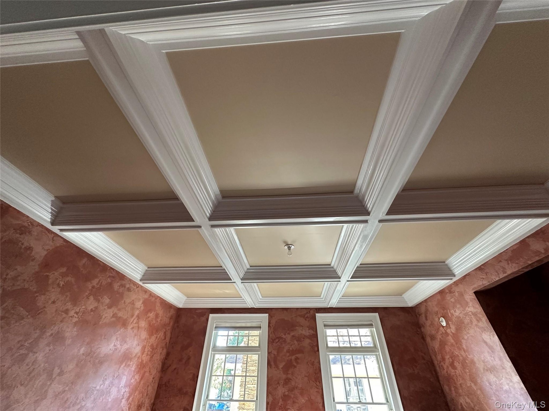 Detailed view of beamed ceiling, ornamental molding, and coffered ceiling