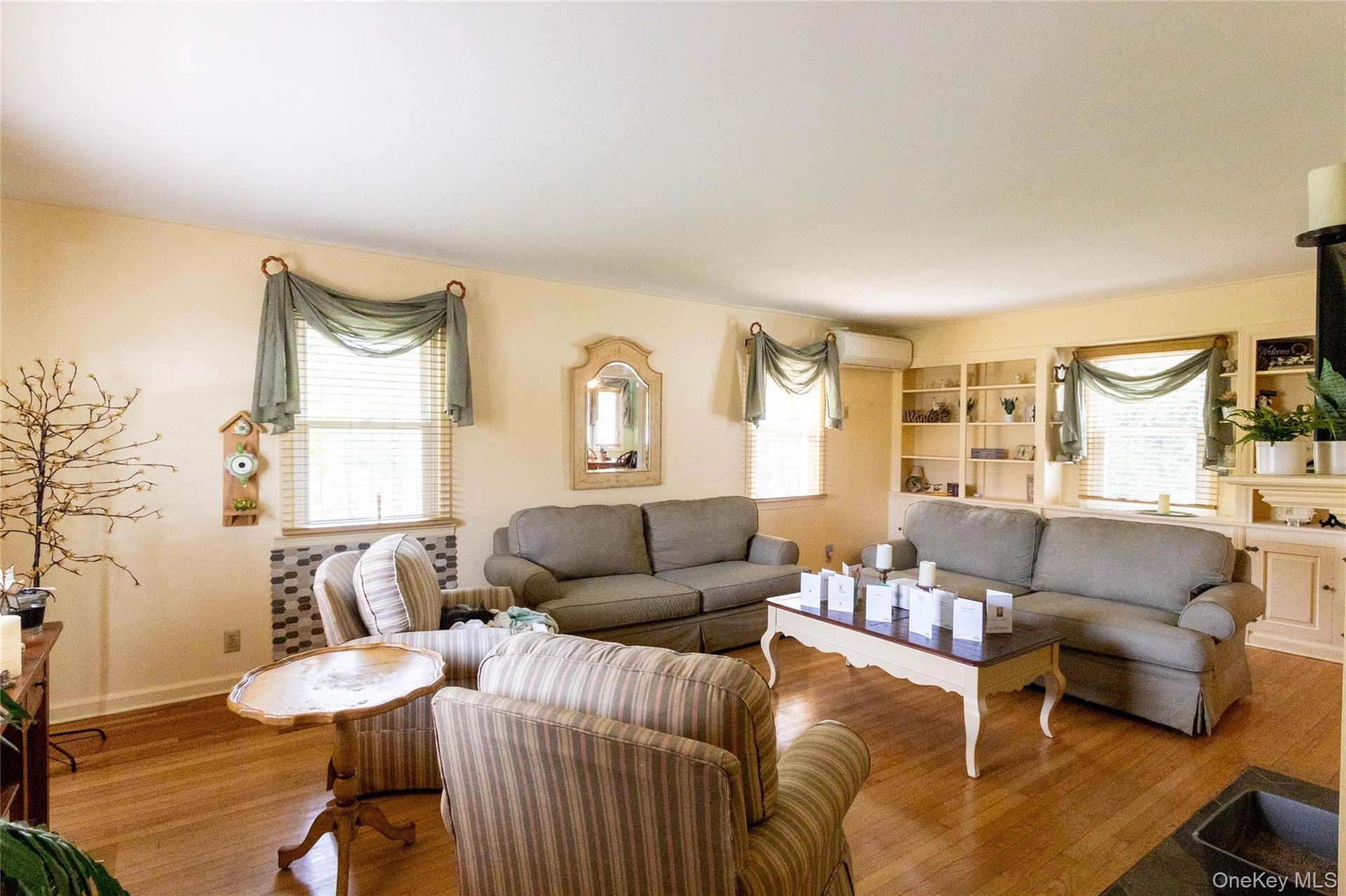 Living area with hardwood flooring, multiple windows, built-in shelving, and light-toned walls
